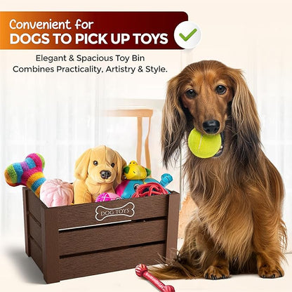 Hope Haven Wooden Dog Toy Box – Premium Chew-Resistant Solid Wood Pet Storage Bin – Aesthetic Large Capacity Organizer for Dog Toys, Leashes & Treats – Designer Home Decor (15x11x8, Natural Brown)