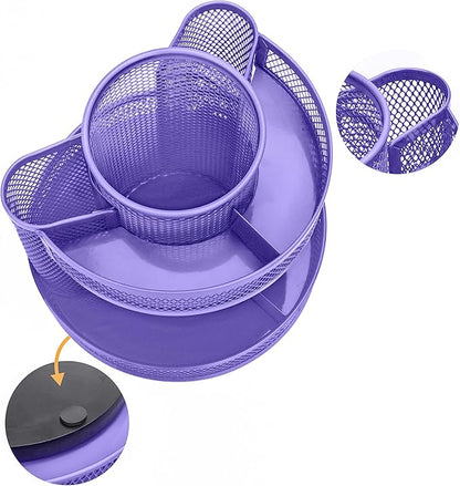 Annova Mesh Desk Organizer Rotate with 5 Compartments Round Spinning Tidy Candy/Pen Holder Desk Accessories Office, Art Supply, Storage, Classroom, Home (Purple)