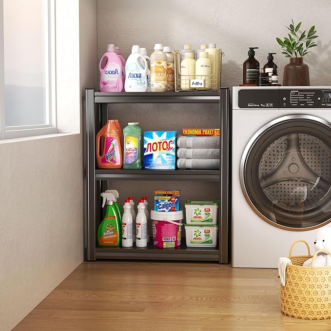 Kitchen Storage Shelves, 31''H*35''W Microwave Stand, Adjustable Metal Shelving, 1200LBS Bakers Rack, Black Kitchen Shelf, 3-Tier Shelving Unit for Bathroom, Pantry, Laundry, Closet, Garage