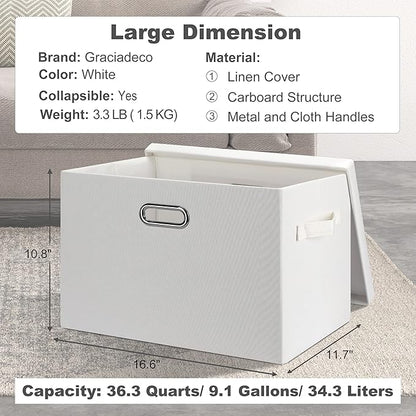 Large 17" 36 Quart Collapsible Stackable Storage Bins with Lids, 1 Pack White Foldable Fabric Closet Storage Boxes with Lids, 4 Handles Heavy-duty Linen Cube Baskets for Bedroom