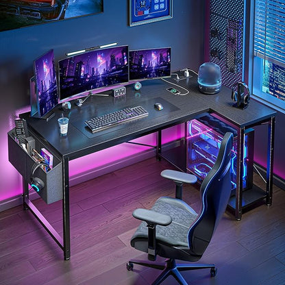 EnHomee 48" L Shaped Desk Office Desk with Power Outlets,Computer Desk with Reversible Storage Shelves & Side Bag,Small Gaming Desk for Gaming Working Small Space Home Office Bedroom,Black