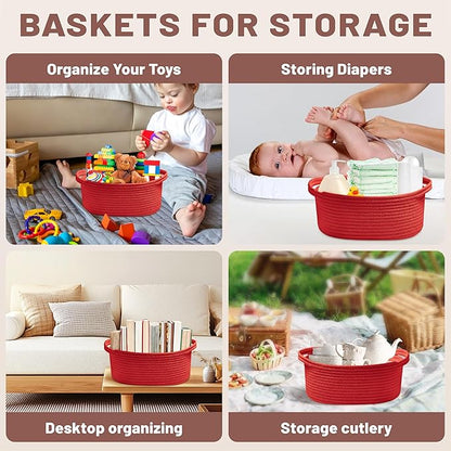 Small Woven Red Gifts Basket for Storage Empty with Ribbons and Bags Durable Cute Gifts 12"X 8" X 5" Small Rope Basket for Gifting