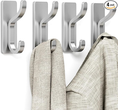 pickpiff Adhesive Wall Coat Hooks - Heavy Duty Stick-On Door Hanger, Metal Hook for Hanging Towel,Purse, Robe, Backpack, Jacket, Clothes - for Bathroom,Dorm, Closet, Kitchen - Silver, 4 Pack
