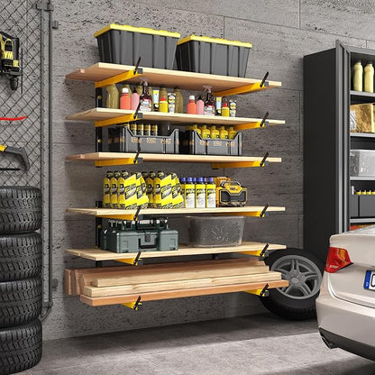 GREENER Lumber Storage Rack Folding Wood Storage Racks Wall-Mounted Metal Racks for Storage with 6-Level Heavy Duty Garage Wood Organizer for Woodworking Shop Indoor & Outdoor Use, 2 pairs,Yellow