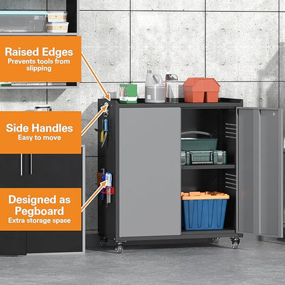 Metal Garage Storage Cabinet with Wheels, Adjustable Rolling Tool Storage Cabinet with Lock, 34" Steel Locking Tool Cabinet with Doors and Shelves for Garage, Warehouse (Black&Gray, 34.3" H)