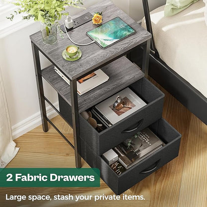 Huuger Nightstands Set of 2, End Tables with Charging Station, Side Tables with Fabric Drawers, Bedside Tables with USB Ports and Outlets, Night Stands for Bedroom, Charcoal Gray