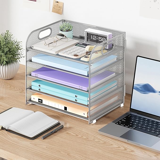 5 Tier Paper Organizer with Handle, Silver Metal Mesh Desk Organizer File Folder Paper Letter Tray Desktop Document Sorter for Classroom, School, Office Accessories Organization and Storage