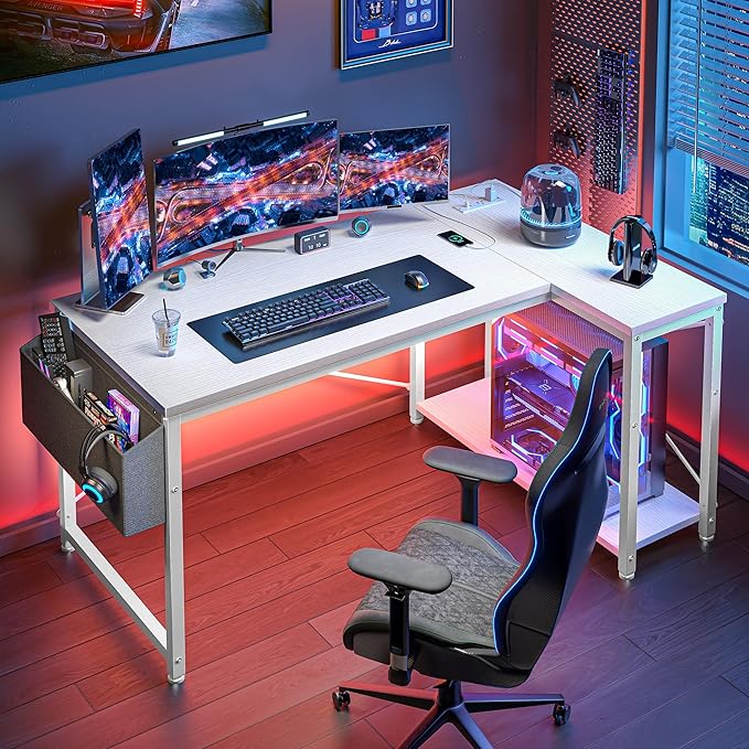 EnHomee 48 Inch L Shaped Computer Desk with Storage Shelves & Side Bag, Office Desk with Power Outlets, Small Corner Desk for Gaming Working Small Space Home Office Bedroom, Study Writing Table, White