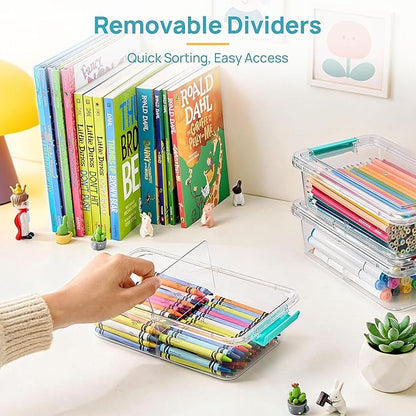 Vtopmart 4 Pack 1.5Qt Clear Pencil Box, Plastic Pencil Holder with Removable Divider for Pen Organizer, Small Stackable Containers with Lid for Pen, Art Craft, Sticker, Scrapbook & Office Supplies