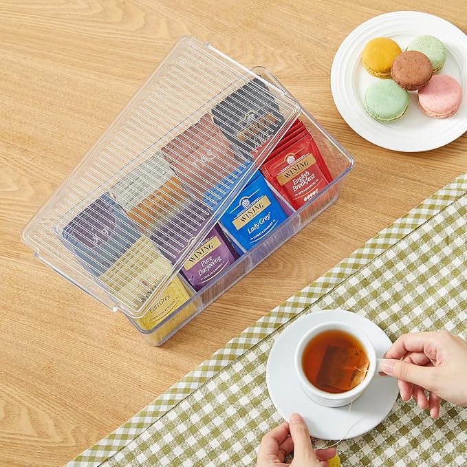 Lifewit Tea Bag Organizer with lids, Plastic Teabag Box with 32 Compartments, Stackable Divided Storage Containers for Cabinet, Pantry, Countertop, Hold Coffee Pods, Sugar Packets, Clear, 4 Pack