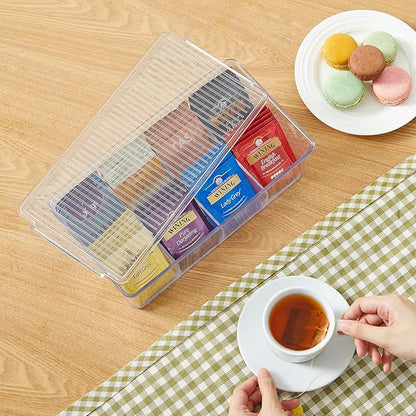 Lifewit Tea Bag Organizer with lids, Plastic Teabag Box with 32 Compartments, Stackable Divided Storage Containers for Cabinet, Pantry, Countertop, Hold Coffee Pods, Sugar Packets, Clear, 4 Pack