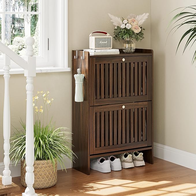 wanan 24" Shoe Cabinet with 2 Flip Slatted Drawers, Adjustable & Removable Panels, Narrow Shoe Cabinet Storage for Entryway, Hallway, Shoe Rack Organizer Cabinet, Walnut