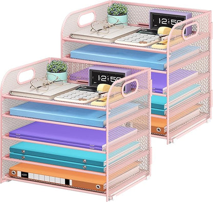 2 Pack 5 Tier Paper Organizer, Letter Tray with Handle, Mesh Desk Organizer, Metal File Organizer, Office Desk Accessories for Home, Office, Classroom, School -Pink