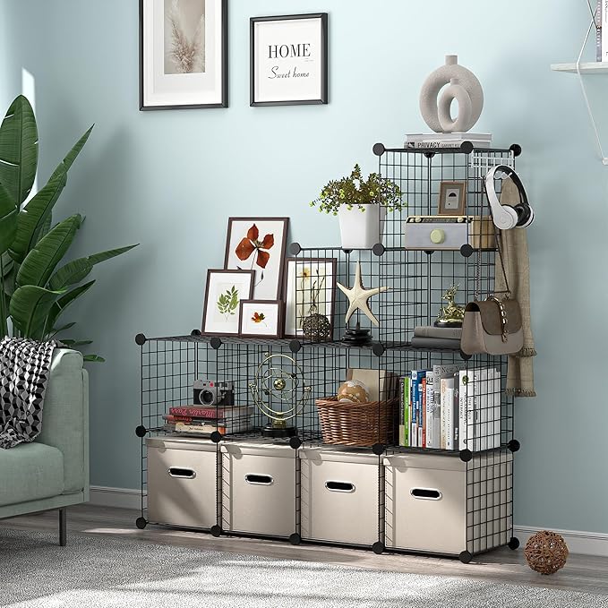 ZENY Cube Storage 12-Cube Metal Wire Storage Shelves Cube Closet Organizer Storage Bins DIY Storage Grids Modular Wire Cubes Bookshelf Bookcase for Home Office, Black
