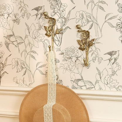 SOFFEE DESIGN 2pcs Metal Gold Coat Hooks with 3D Flowers & Buds Shape, for Entryway, Bathroom, Bedroom Home Decoration