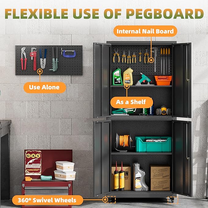Garage Storage Cabinet with Wheels, Lockable Metal Storage Cabinet, 71''H Heavy Duty Garage Cabinet with Pegboard & 4 Doors for Utility Room Warehouse Home Office