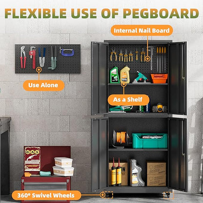 Garage Storage Cabinet with Wheels, Lockable Metal Storage Cabinet, 71''H Heavy Duty Garage Cabinet with Pegboard & 4 Doors for Utility Room Warehouse Home Office