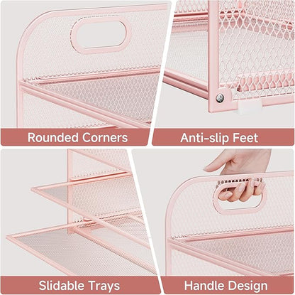 5-Tier Stackable Paper Organizer with Handle, Pink Metal Mesh Letter Tray | Stylish Desk File Sorter for Office, Home & Classroom Supplies