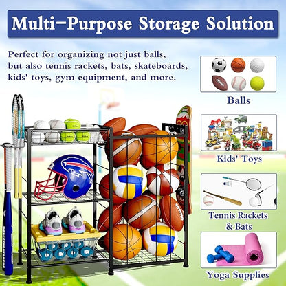 Sports Equipment Organizer, Ball Storage Rack with Elastic Straps and Removable Basket for Garage Organization, Garage Organizer with Hooks for Toy Sports Gear Storage, Sports Ball Storage Cart, Black
