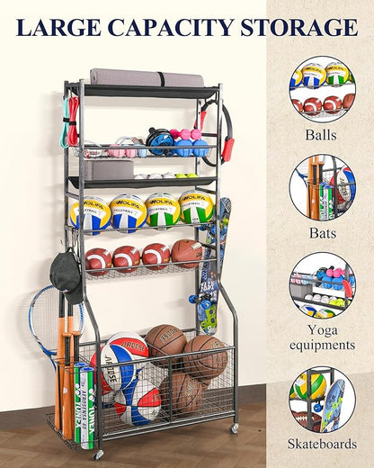 Mythinglogic Sports Equipment Garage Organizer,Garage Ball Storage for Sports Gear and Toys, Rolling Ball Cart with Wheels for Indoor/Outdoor Use