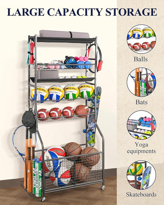 Mythinglogic Sports Equipment Garage Organizer,Garage Ball Storage for Sports Gear and Toys, Rolling Ball Cart with Wheels for Indoor/Outdoor Use