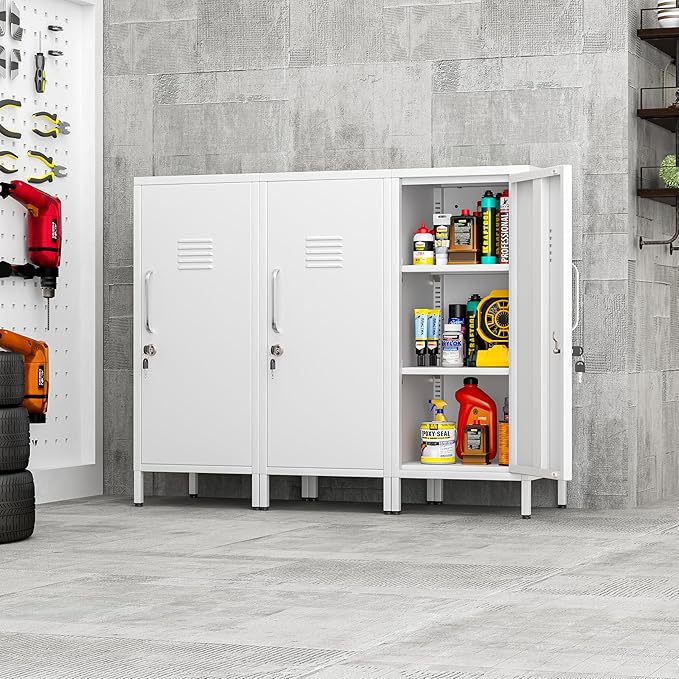35.43" Metal Storage Locker with Lockable, Metal Steel Locker for Employees with 1 Door ＆ 2 Adjustable Shelves, Small Locker Storage Cabinets for Home, School, Office, Gym (White)