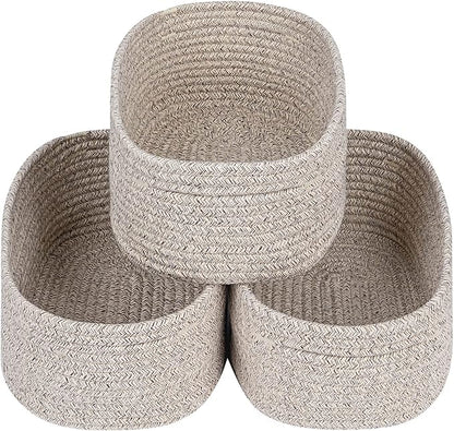 CubesLand Rectangle Organization/Storage Basket, Natural Cotton Rope Woven Baskets for Organizing, Small Basket for Kids, Baby Nursery, Cat Dog Toy Baskets, Organizer Bins for Shelves 3Pc Light Brown
