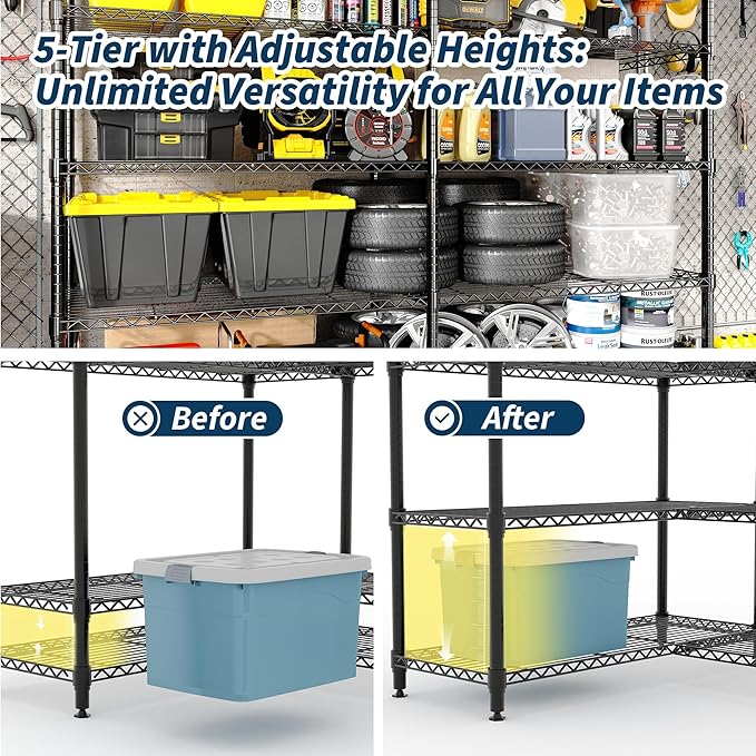 5-Tier Metal Storage Shelves, Adjustable Wire Shelving Unit for Garage, Pantry, Basement & Kitchen, Heavy-Duty Shelf Organizer with Double-Row Design, 59" w x 13.8" d x 70.5" h, 265 Lbs Per Tier