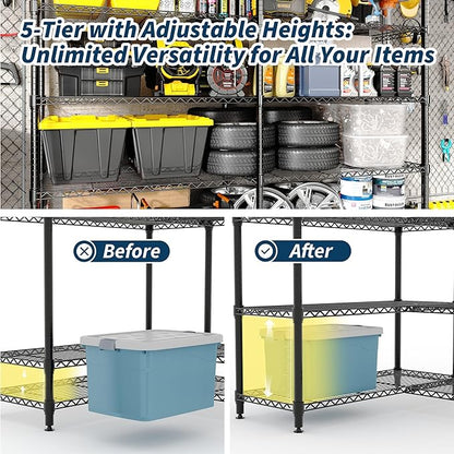 5-Tier Metal Storage Shelves, Adjustable Wire Shelving Unit for Garage, Pantry, Basement & Kitchen, Heavy-Duty Shelf Organizer with Double-Row Design, 70.8" w x 15.8" d x 70.5" h, 265 Lbs Per Tier