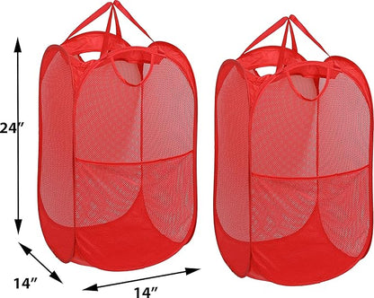 Simple Houseware Mesh Pop-Up Laundry Hamper Basket with Side Pocket, Red - 2 Pack