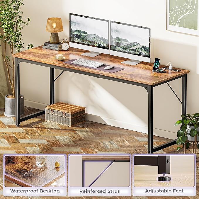 PRAISUN 70 X 24 Inch Office Computer Desk with Power Outlets and USB-C Port, Larger and Longer Gaming Desk, for Home Office, Study, Writing Work from Home Table, Metal Frame, Rustic Brown
