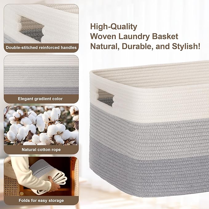 72L Large Laundry Basket with Leather Handles for Living Room Storage, Woven Rope Baskets Bin for Blanket, Kids Toy, Gifts, Wicker Hamper for Bedroom Dirty Clothes, 22"x17"x12" Gradient Grey