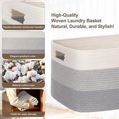 72L Large Laundry Basket with Leather Handles for Living Room Storage, Woven Rope Baskets Bin for Blanket, Kids Toy, Gifts, Wicker Hamper for Bedroom Dirty Clothes, 22"x17"x12" Gradient Grey