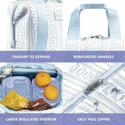 Fit & Fresh Neoprene Lunch Bag For Women, Insulated Womens Lunch Bag For Work, Tear & Stain Resistant Large Lunch Box For Women With Containers and Ice, Machine Washable Remi Bag, Blue Wallpaper Bows