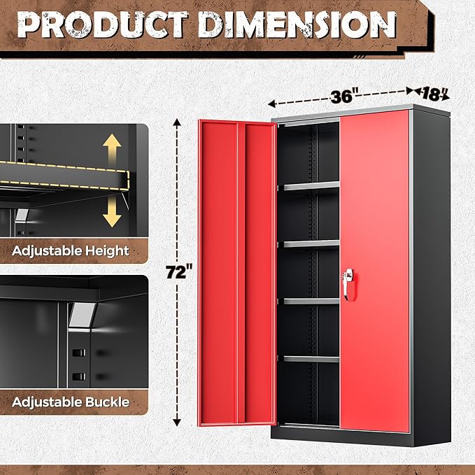 INTERGREAT Metal Lockable Storage Cabinet, 72” H Storage Cabinet with 2 Doors and 4 Adjustable Shelves for Office, Garage, Pantry (Assembly Required, Black Red)