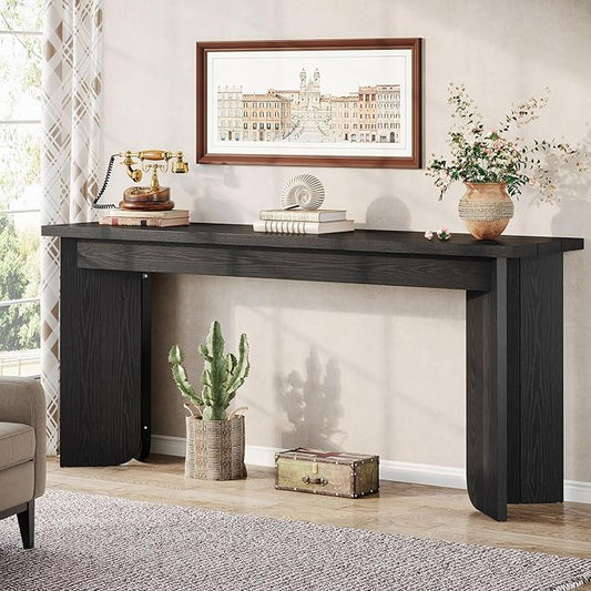 Tribesigns 70.9-Inch Sofa Console Table, Wooden Extra Long Entryway Table with Widened Tabletop, Farmhouse Console Behind Couch with Sturdy Double Pedestal for Hallway, Living Room, Black