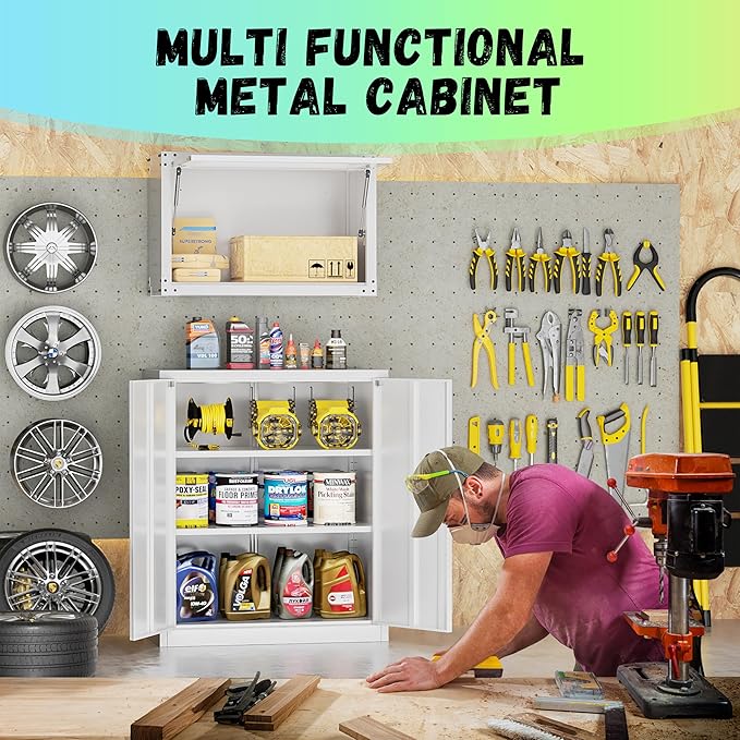 Bonusall Metal Garage Storage Cabinet, 36" H Locking Cabinets with 2 Adjustable Shelves,2 Door Small Pantry Storage for Home Office, Kitchen, Bathroom(White)