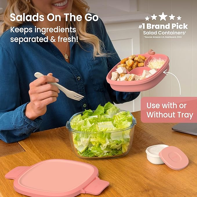 Bentgo Glass Salad Container - 7.6-Cup Salad Bowl with Airtight Lid, Leak-Proof Sauce Container, 4-Compartment Bento Tray & Reusable Fork - BPA-Free for Meal Prep, Office & More (Coral)