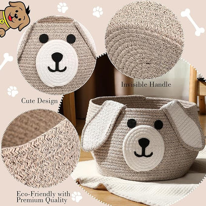 Zopeal Dog Woven Basket Cute Woven Cotton Rope Puppy Animal Storage Basket for Laundry Toy Gift(Brown, White,13 x 8 Inch)