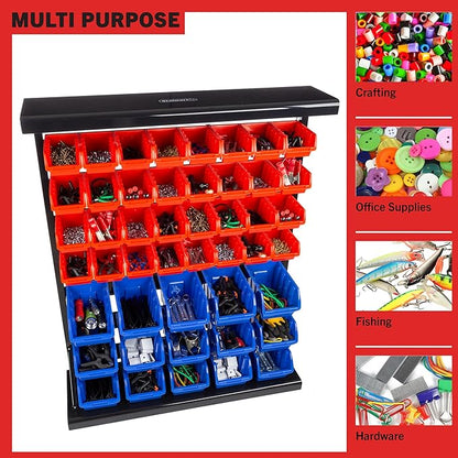 47-Bin Garage Organization Rack (15 Large, 32 Small) - Tabletop or Wall Mount Steel Rack with Removable Stackable Garage Storage Bins, Small Parts Organizer for Hardware or Office Supplies by Stalwart