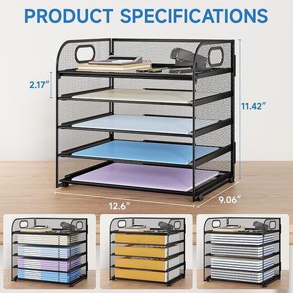 Paper Organizer Letter Tray with Handle Mesh 5 Trays Desk File Organizer Paper Sorter Desk Organizer for Office, Home or School-Black 2 Pack