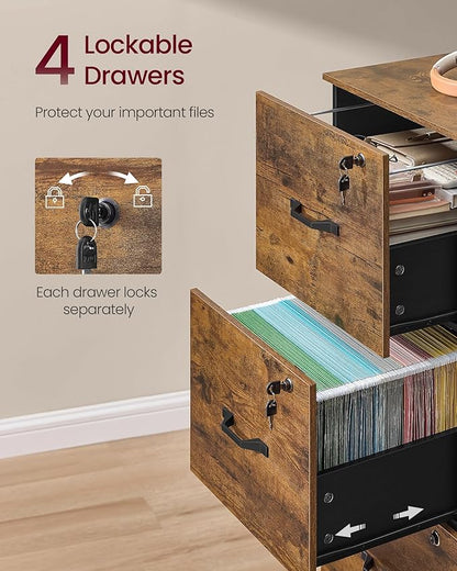 VASAGLE 4-Drawer Vertical File Cabinet, Filing Cabinet for Home Office, Printer Stand, with 4 Lockable Drawers, Adjustable Hanging Rail, for A4 and Letter-Size Files, Rustic Brown UOFC082K01