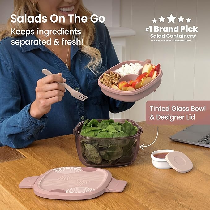 Bentgo Glass Prints Salad Container - 7.6-Cup Tinted Glass Salad Bowl with Airtight Lid, Leak-Proof Sauce Container, 4-Compartment Bento Meal Prep Tray & Reusable Fork (Mod Curve - Desert Rose)