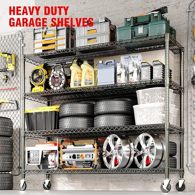 4-Tier Metal Storage Shelving Unit, 2640 Lbs Load Capacity Heavy-Duty Shelf Organizer, Adjustable Wire Rack Shelves for Garage, Pantry & Kitchen, 71.8" h x 59" w x 17.7" d