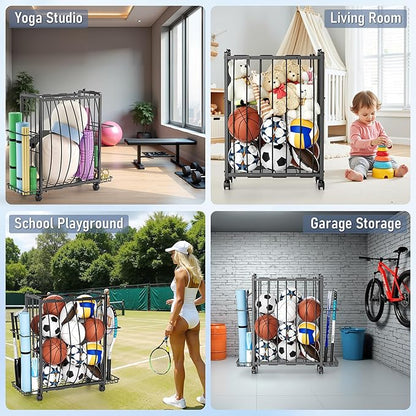 Sports Equipment Garage Organizer,Garage Ball Storage Rack for Sports with Wheels-Upgraded Sports Organizer Rack Outdoor Basketball Racks for Balls with Holder and Hooks (Deep Black)
