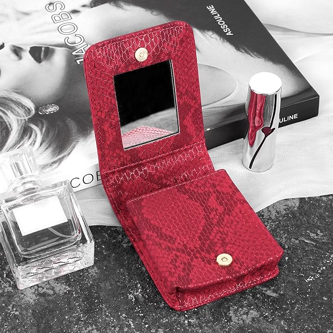 Red Lipstick Holder, Lipstick Case with Mirror, Mini Portable Makeup Holder for Women Girls, for Outside Mini bag Travel Cosmetic Pouch (1Pcs)