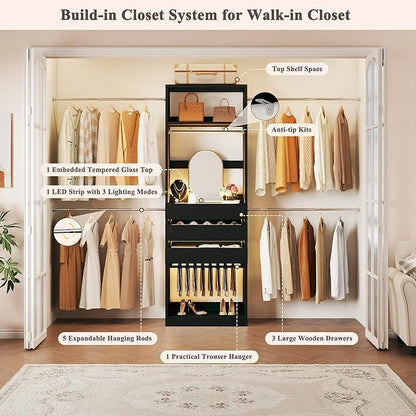 Closet System, 4-8FT Closet Organizer with 3 Wood Drawers & Glass Top, 102'' Walk in Closet with 5 Hang Rods & LED Lights & Trouser Rack, Built-in Wardrobe Clothes Rack with Shelves and Tower, Black