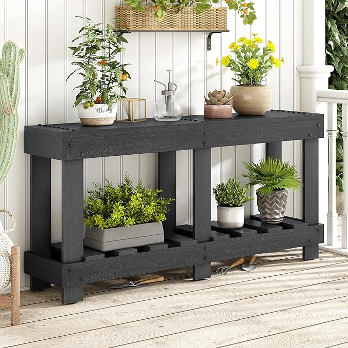 62.9-Inch Extra-Length Tabletop Vintage Entryway Table, Solid Cedar Wood Console Table with 6 Reinforced Legs, Metal Rivet Decor and Plank Under-Shelf for Hallway, Living Room (Black-J41)