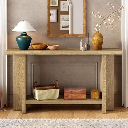 60-Inch Long Vintage-Inspired ConsoleTable with T-Leg Design, 2-Tier Entryway Table Sofa Table with Storage for Study, Entryway, Hallway, Living Room (Natural-V19)