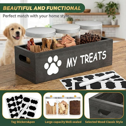 Dog Treat Container Airtight Storage Jars Set of 3 - Clear Plastic Pet Treat Canister with Lids - Dog Food Container for Countertop Organization (grey)